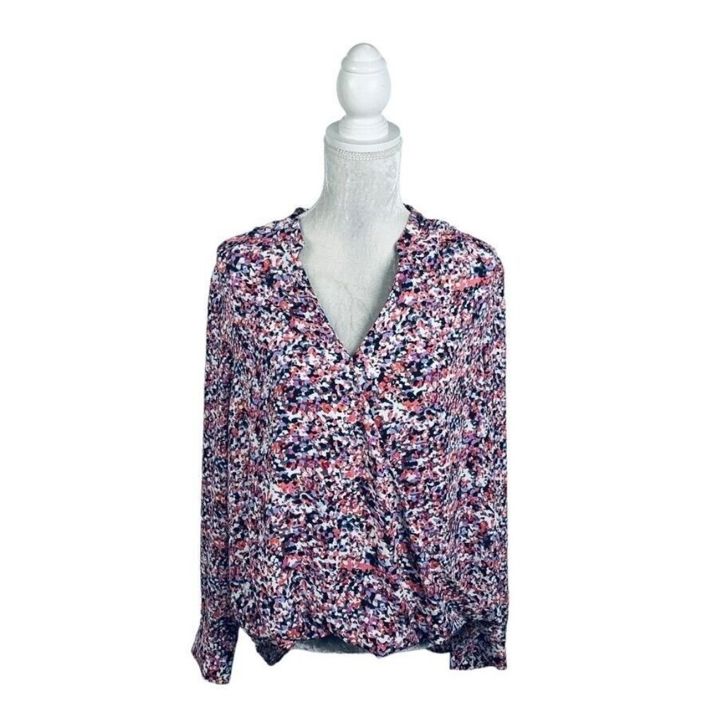 The Limited Confetti Print Faux Wrap Blouse Draped Shirttail Hem Career Work XL